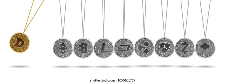 Newton cradle made of gold dogecoin and silver crypto currencies isolated on white background. Ripple accelerates other crypto currencies. Vector illustration. Use for logos, print products