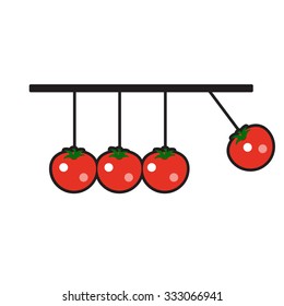 Newton cradle red tomatoes with green tail icon. Tomato vector logo sign label.