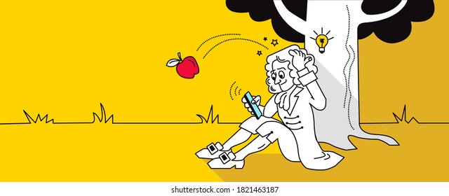 Newton had an idea! He's sitting with a smartphone. The apple falls on his head.