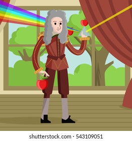 newton with a prism and rainbow light and apple tree