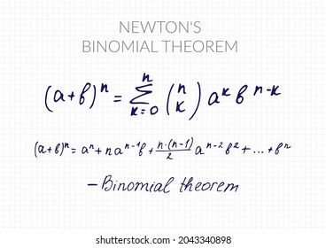 Teorema binomial de Newton. Fórmula matemática vectorial manuscrita en una hoja a cuadros