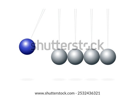 Newton's cradle with blue sphere. Device that demonstrates the principles of conservation of momentum and of energy in physics. The blue ball creates a pressure wave that pushes the last ball upwards.