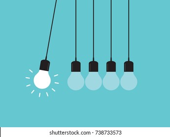 Newtons cradle. Bulb hanging on threads hitting many ones. Leadership, power and uniqueness concept. 