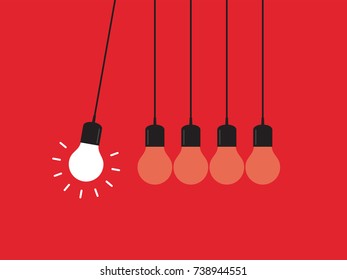Newtons cradle. Bulb hanging on threads hitting many ones. Leadership, power and uniqueness concept. 