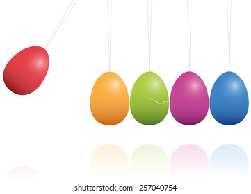 Newtons Cradle with easter eggs as pendulums instead of metal balls. Isolated vector illustration on white background.