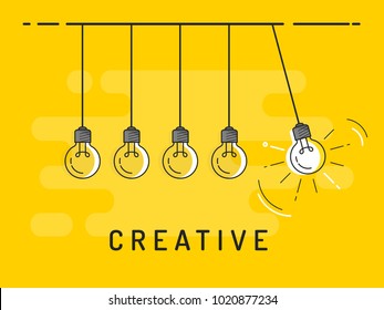 Newton's cradle with glowing light bulb. Trendy flat vector light bulb icons with concept of creative idea on yellow background. 