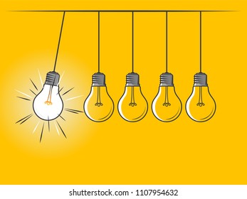Newton's cradle with glowing light bulb on yellow background. Icon concept of invention, study, imagination and creativity. Design element for business startup, technology, science. 