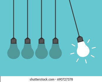 Berço de Newton com lâmpada brilhante e muitas maçantes. Ideia, liderança, criatividade, progresso e conceito de inovação. Design plano. Ilustração vetorial EPS 8, sem transparência, sem gradientes