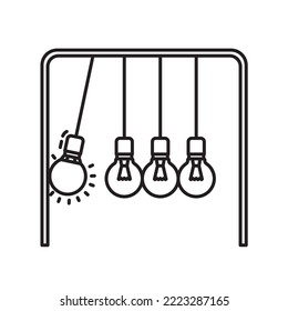 Newton's cradle with an LED bulb swinging against classic light bulbs vector line icon . Energy saving concept.