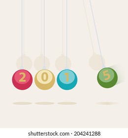 Newtons Cradle New Year card with the date 2015 on each of the hanging balls in the cradle with one pulled to the side showing perpetual motion