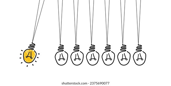 Newton's cradle, pendulum with swinging lamp, light bulb ideas. Business, leadership, teamwork or communication concept. Hanging balancing balls of newtons cradle science. Bright idea