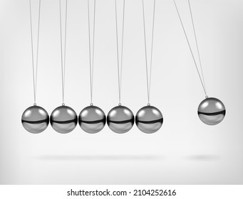 Newton's cradle pendulum with swinging spheres metal balls 3d realistic vector illustration. Hanging balancing balls of newtons cradle science business gadget leadership or communication concept.