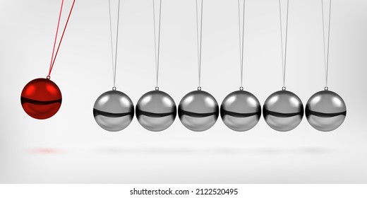 Newton's Cradle Pendulum With Swinging Spheres Red Metal Ball 3d Realistic Vector Illustration. Hanging Balancing Balls Of Newtons Cradle Science Business Gadget Leadership Or Communication Concept.