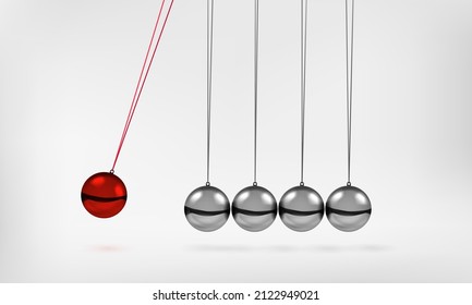 Newton's Cradle Pendulum With Swinging Spheres Red Metal Ball 3d Realistic Vector Illustration. Hanging Balancing Balls Of Newtons Cradle Science Business Gadget Leadership Or Communication Concept.