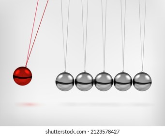 Newton's Cradle Pendulum With Swinging Spheres Red Metal Ball 3d Realistic Vector Illustration. Hanging Balancing Balls Of Newtons Cradle Science Business Gadget Leadership Or Communication Concept.