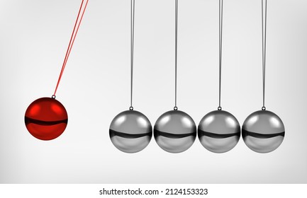 Newton's Cradle Pendulum With Swinging Spheres Red Metal Ball 3d Realistic Vector Illustration. Hanging Balancing Balls Of Newtons Cradle Science Business Gadget Leadership Or Communication Concept.