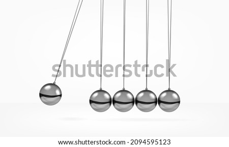 Newton's cradle pendulum with swinging spheres metal balls 3d realistic vector illustration. Hanging balancing balls of newtons cradle science business gadget leadership or communication concept.