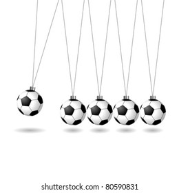 Newtons cradle with soccer balls over white background