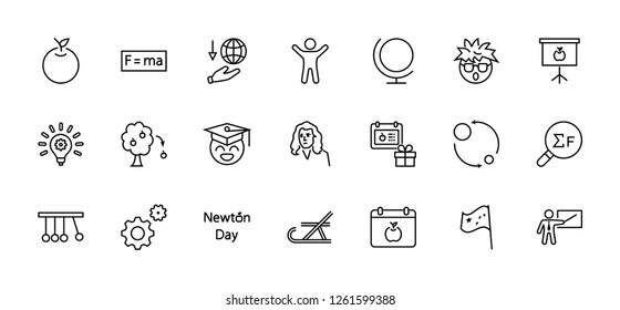 Newton's Day Set Line Vector Icon. Contains such Icons as Newton, Laws of physics and gravity, Flying Apple, Calendar, Teacher, blackboard and projector Editable Stroke. 32x32 Pixel Perfect