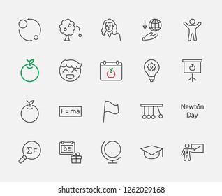 Newton's Day Set Line Vector Icon. Contains such Icons as Newton, Laws of physics and gravity, Flying Apple, Calendar, Teacher, blackboard and projector Editable Stroke. 32x32 Pixel Perfect