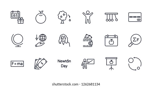 Newton's Day Set Line Vector Icon. Contains such Icons as Newton, Laws of physics and gravity, Flying Apple, Calendar, Teacher, blackboard and projector Editable Stroke. 32x32 Pixel Perfect