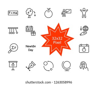 Newton's Day Set Line Vector Icon. Contains such Icons as Newton, Laws of physics and gravity, Flying Apple, Calendar, Teacher, blackboard and projector Editable Stroke. 32x32 Pixel Perfect