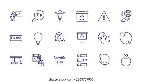 Newton's Day Set Line Vector Icon. Contains such Icons as Newton, Laws of physics and gravity, Flying Apple, Calendar, Teacher, blackboard and projector Editable Stroke. 32x32 Pixel Perfect