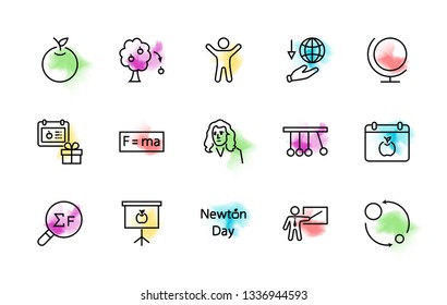 Newton's Day Set Line Vector Icon. Contains such Icons as Newton, Laws of physics and gravity, Flying Apple, Calendar, Teacher, blackboard and projector Editable Stroke. 32x32 Pixel Perfect