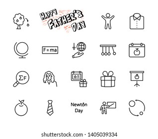 Newton's Day Set Line Vector Icon. Contains such Icons as Newton, Laws of physics and gravity, Flying Apple, Calendar, Teacher, blackboard and projector Editable Stroke. 32x32 Pixel Perfect