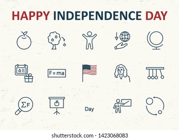 Newton's Day Set Line Vector Icon. Contains such Icons as Newton, Laws of physics and gravity, Flying Apple, Calendar, Teacher, blackboard and projector Editable Stroke. 32x32 Pixel Perfect