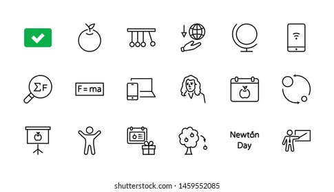 Newton's Day Set Line Vector Icon. Contains such Icons as Newton, Laws of physics and gravity, Flying Apple, Calendar, Teacher, blackboard and projector Editable Stroke. 32x32 Pixel Perfect
