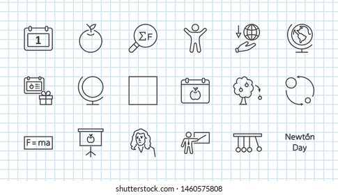 Newton's Day Set Line Vector Icon. Contains such Icons as Newton, Laws of physics and gravity, Flying Apple, Calendar, Teacher, blackboard and projector Editable Stroke. 32x32 Pixel Perfect