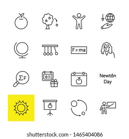 Newton's Day Set Line Vector Icon. Contains such Icons as Newton, Laws of physics and gravity, Flying Apple, Calendar, Teacher, blackboard and projector Editable Stroke. 32x32 Pixel Perfect