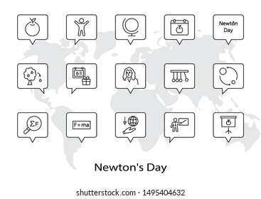 Newton's Day Set Line Vector Icon. Contains such Icons as Newton, Laws of physics and gravity, Flying Apple, Calendar, Teacher, blackboard and projector Editable Stroke. 32x32 Pixel Perfect.