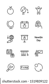 Newton's Day Set Line Vector Icon. Contains such Icons as Newton, Laws of physics and gravity, Flying Apple, Calendar, Teacher, blackboard and projector Editable Stroke. 32x32 Pixel Perfect.