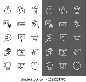 Newton's Day Set Line Vector Icon. Contains such Icons as Newton, Laws of physics and gravity, Flying Apple, Calendar, Teacher, blackboard and projector Editable Stroke. 32x32 Pixel Perfect.