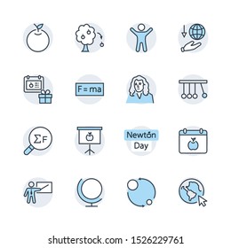 Newton's Day Set Line Vector Icon. Contains such Icons as Newton, Laws of physics and gravity, Flying Apple, Calendar, Teacher, blackboard and projector Editable Stroke. 32x32 Pixel Perfect