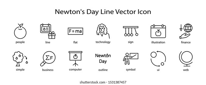 Newton's Day Set Line Vector Icon. Contains such Icons as Newton, Laws of physics and gravity, Flying Apple, Calendar, Teacher, blackboard and projector Editable Stroke. 32x32 Pixel Perfect