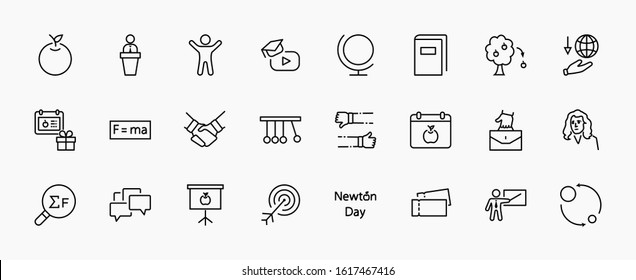 Newton's Day Set Line Vector Icon. Contains such Icons as Newton, Laws of physics and gravity, Flying Apple, Calendar, Teacher, blackboard and projector Editable Stroke. 32x32 Pixel Perfect