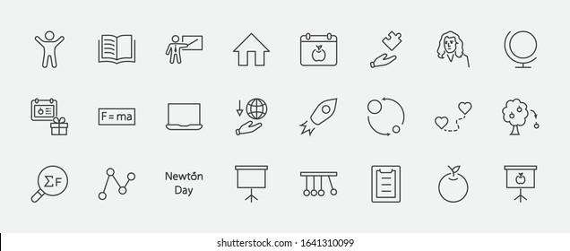 Newton's Day Set Line Vector Icon. Contains such Icons as Newton, Laws of physics and gravity, Flying Apple, Calendar, Teacher, blackboard and projector Editable Stroke. 32x32 Pixels