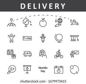 Newton's Day Set Line Vector Icon. Contains such Icons as Newton, Laws of physics and gravity, Flying Apple, Calendar, Teacher, blackboard and projector Editable Stroke. 32x32 Pixels