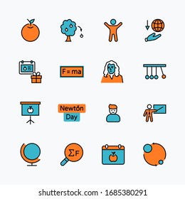 Newton's Day Set Line Vector Icon. Contains such Icons as Newton, Laws of physics and gravity, Flying Apple, Calendar, Teacher, blackboard and projector Editable Stroke. 32x32 Pixel Perfect