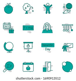 Newton's Day Set Line Vector Icon. Contains such Icons as Newton, Laws of physics and gravity, Flying Apple, Calendar, Teacher, blackboard and projector Editable Stroke. 32x32 Pixel Perfect