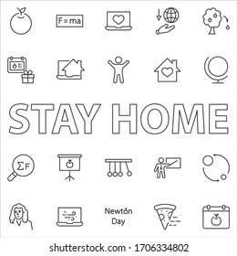 Newton's Day Set Line Vector Icon. Contains such Icons as Newton, Laws of physics and gravity, Flying Apple, Calendar, Teacher, blackboard and projector Editable Stroke. 32x32 Pixels