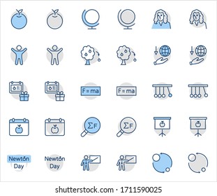 Icono del vector de línea del Día de Newton. Contiene iconos como Newton, Leyes de la física y la gravedad, Flying Apple, Calendar, Teacher, blackboard y proyector Editable Stroke. Perfecto para 32 x 32 píxeles