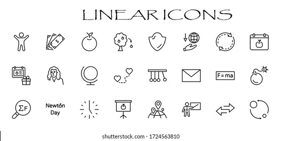 Newton's Day Set Line Vector Icon. Contains such Icons as Newton, Laws of physics and gravity, Flying Apple, Calendar, Teacher, blackboard and projector Editable Stroke. 32x32 Pixels