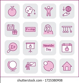 Newton's Day Set Line Vector Icon. Contains such Icons as Newton, Laws of physics and gravity, Flying Apple, Calendar, Teacher, blackboard and projector Editable Stroke. 32x32 Pixel Perfect
