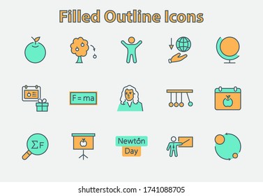 Newton's Day Set Line Vector Icon. Contains such Icons as Newton, Laws of physics and gravity, Flying Apple, Calendar, Teacher, blackboard and projector Editable Stroke. 32x32 Pixel Perfect
