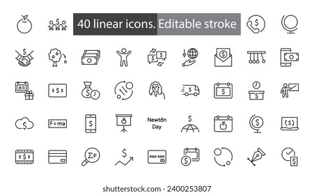 Newton's Day Set Line Vector Icon. Contains such Icons as Newton, Laws of physics and gravity, Flying Apple, Calendar, Teacher, blackboard and projector Editable Stroke. 32x32 Pixels