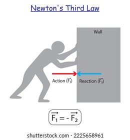 Newton's Third Law experiment. Statement, Examples, and Equation. Study content for physic students. Vector illustration.